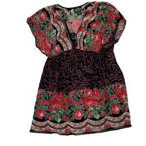 Angie Deep V-Neck Boho Floral Gathered Short Sleeve Tunic Top, Red, Brown, L